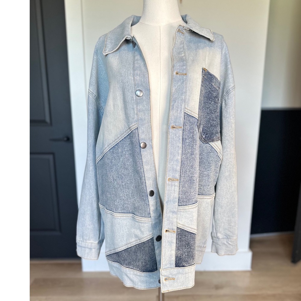 Patchwork Denim Shacket S Oversized Boxy Y2K Light Wash Canvas Jacket Colorblock